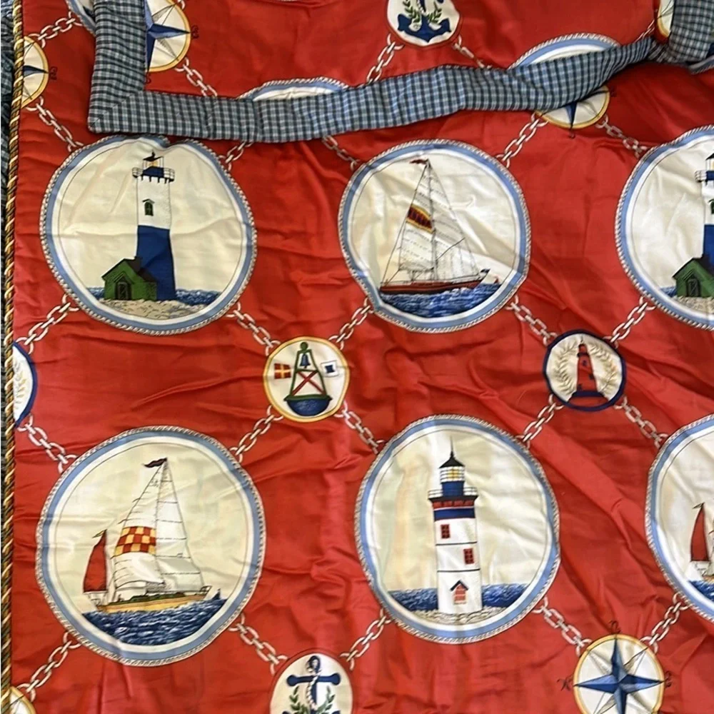 Custom Made Twin Sz Lighthouse Print - Attached Bed Skirt & Decorative Cording
